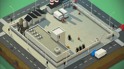 Low-Poly-3D-Animation des Stadtlebens. Städtische Luftaufnahme des Stadtblocks.