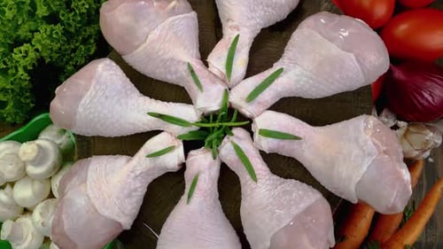 Raw Chicken Drumsticks Arranged with Fresh Ingredients