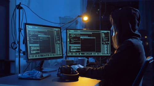 Woman Coding at Dual Computer Monitors in Dark Room