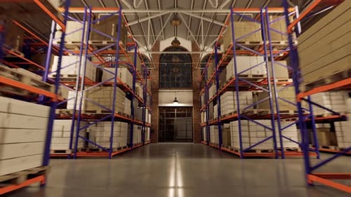 Pallets with boxes on the shelves in the large industrial loft warehouse.