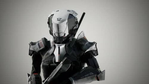 Soldat futuriste en armure d'acier avec le pistolet Cyber Punk