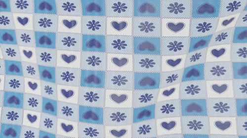 Waving Blue Geometric Pattern with Hearts and Flowers