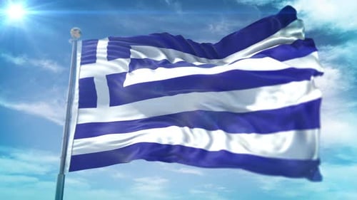 Realistic Greek National Flag Waving in Blue Sky