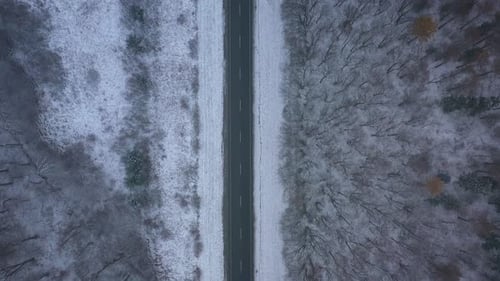 Aerial View of Traffic on the Road Passing Through the Winter Forest in Blizzard
