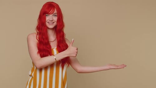 Girl Pointing Empty Place Advertising Area for Commercial Text Copy Space for Goods Promotion