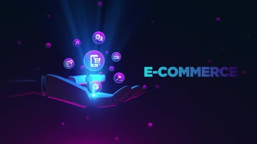 Futuristic E-commerce Holographic Icons Appearing from a Robotic Hand