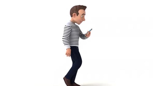 3D Cartoon Man Walking and Interacting with Smartphone