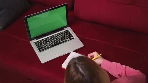 Green Screen Chromakey Laptop Computer Concept Online Distance Education Video Call Conference
