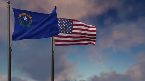 Waving Nevada State and United States National Flags