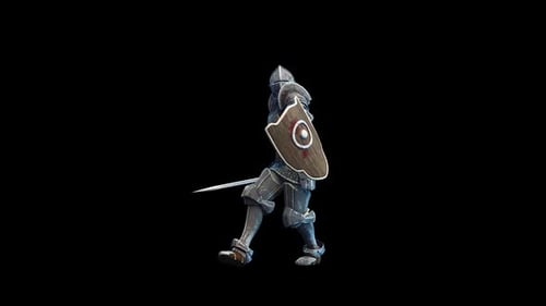Animated Medieval Knight in Armor with Sword and Shield Combat Sequence