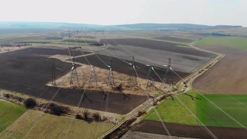 Aerial View Long Distance Transmission Lines, High-voltage Pillars That Energy Efficiently Deliver
