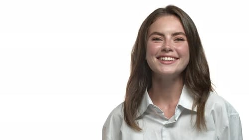 Smiling Young Woman with Brown Hair on White Background