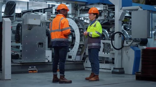 Engineers Shaking Hands in Factory Near Industrial Machinery