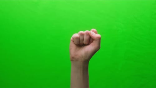 Closeup of a Fist Raised Up on a Green Background Shooting a Hand Gesture