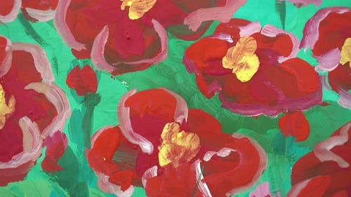 Painting of Cartoonish Red Flowers on Green Background
