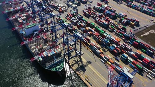 Container ship from sea port working for delivery containers shipment and container warehouse backgr