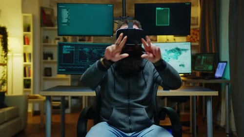 Man Using VR Headset in Tech Office