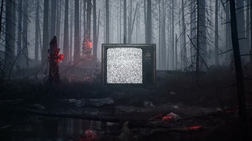Retro Glitch TV Static in Eerie Forest Scene