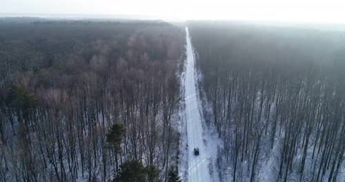 The Car Is Moving Along The Winter Forest Road