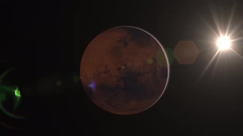 Rotating Mars Planet with Sun Lens Flare in Dark Space