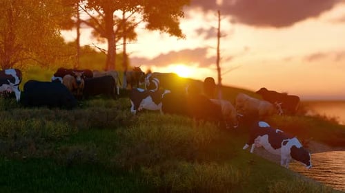Animated Cows Grazing in a Pastoral Sunset Scene