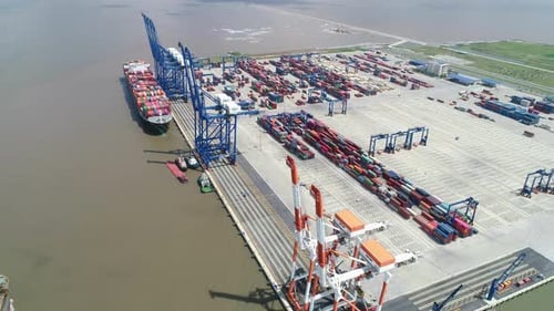 4k stock: Aerial view, top view cargo ship port in the export, import business