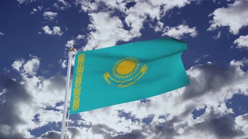 Kazakhstan National Flag Waving Animation on Blue Sky Background