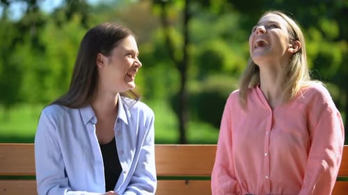 Best Female Friends Sincerely Smiling Spending Time on Bench in Park, Friendship