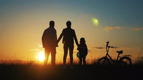 Family Silhouetted at Sunset Holding Hands