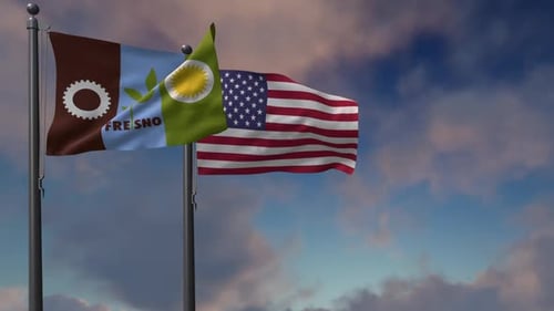 Fresno City Flag Waving Along With The National Flag Of The USA - 2K