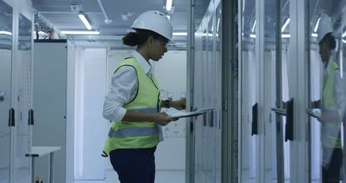 Female Electrical Worker Reading Paperwork