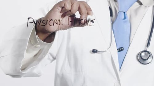 Medical Professional Writes Physical Fitness on Glass