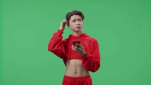 Young Asian Transgender Male Use Mobile Phone And Thinking About Something On Green Screen