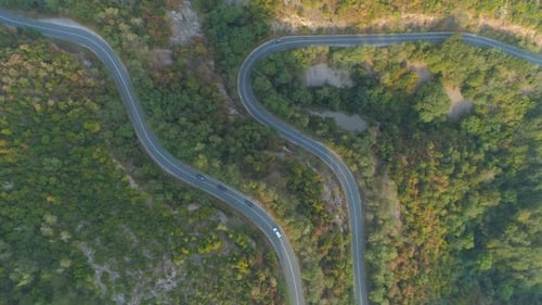 Drone Following Three Cars Driving in Front of a White Truck Along Curvy Mountain Forest Road