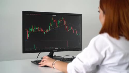 Young Adult Female Works With Financial Stock Data