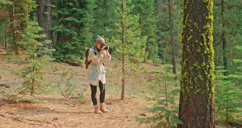Traveler Woman Takes Pictures on Photo Camera in the Green Mountain Forest,