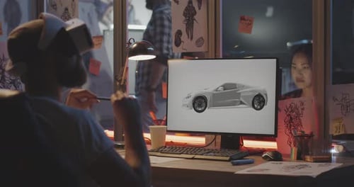 Mann modelliert Auto am Computer