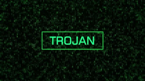 TROJAN Warning Over Computer Binary Background. TROJAN Text with Binary Code and Matrix Background
