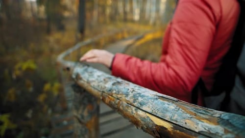 Young Woman Walks on Wooden Path