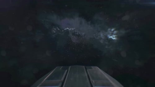 Space travel. Hyperspace skipping in cosmos. Spaceship lightspeed skipping. Lightspeed spacecraft.