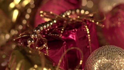 Close-Up of Red and Gold Christmas Decorations