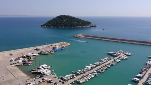 Aerial Panoramic View of Sea Bay with Port and Boats