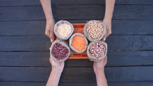 Overhead Shot of Bags of Dry Goods on Tray