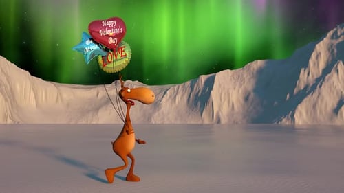 Cartoon Reindeer Walking with Love Balloons in Aurora Landscape