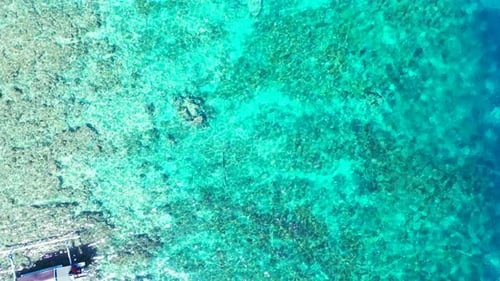 Aerial top view scenery of perfect coast beach voyage by transparent water with white sandy backgrou