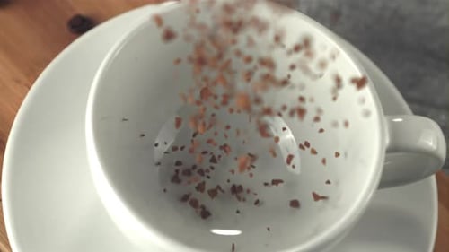 Super Slow Motion Soluble Coffee Falls Into the Mug
