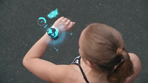 Woman Jogging in Place with Smartwatch Data Overlay