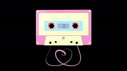 Animação de cassete de áudio vintage Love Songs com rotação de fita, loop de canal alfa