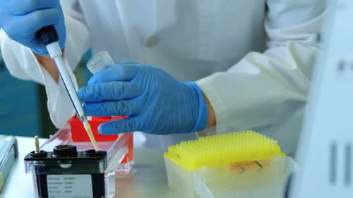 Scientist conducts lab experiment using pipette