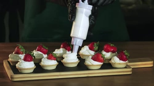 Process of making strawberry tart. Tasty dessert. Cake with strawberry